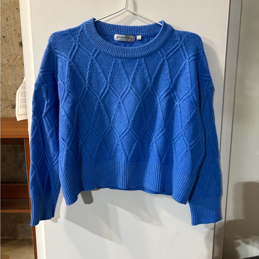 Patrizia Luca Blue Crew Neck Sweater with Geometric Knit
